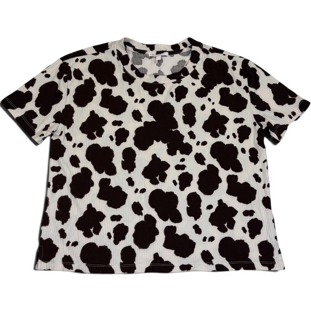 GB Gianni Bini Womens Brown White Cow Print Ribbed Short Sleeve Crew Neck Tee S